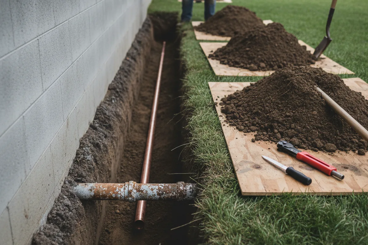 Excavated water line trench during Water Heater Repair in Kerrville